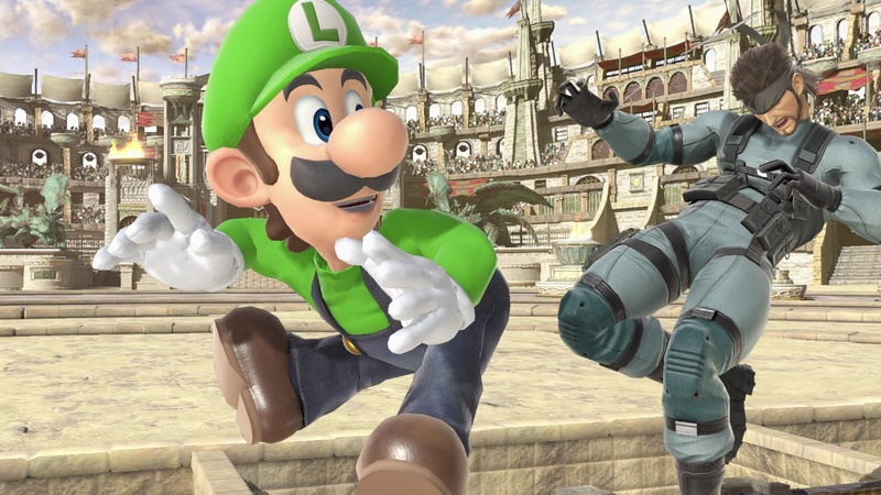 Archivo:Luigi atacando a Snake en Coliseo SSBU.jpg