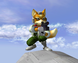 Fox sosteniendo su Blaster en Super Smash Bros. Melee.