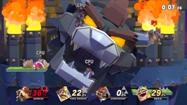 Bowser, Rey Dedede, Ganondorf y Wario luchando en el Castillo aéreo de Bowser.