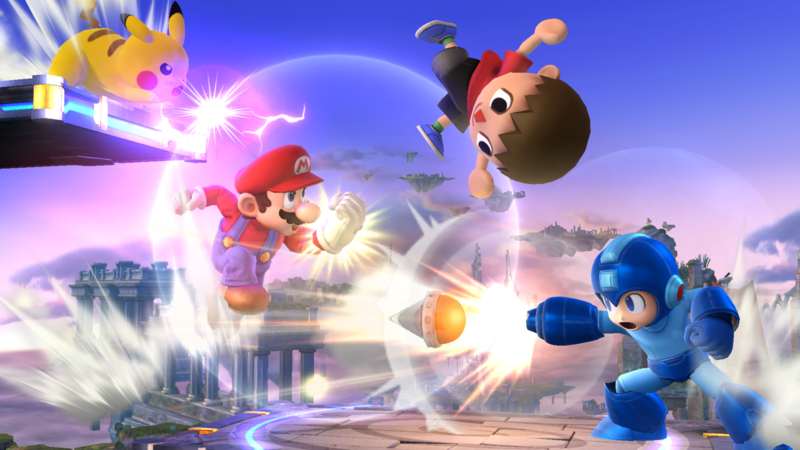 Archivo:Mario, Mega Man, Pikachu y el Aldeano en el Campo de Batalla SSB4 (Wii U).png