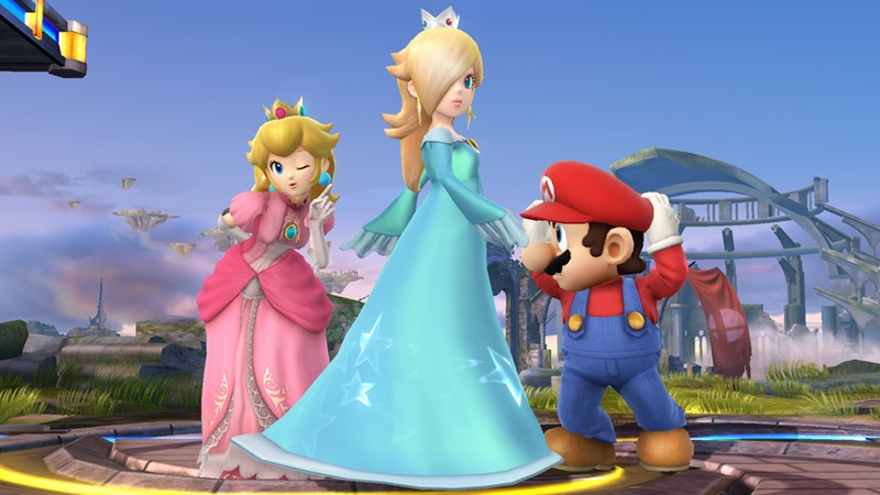 Archivo:Mario, Peach y Estela en campo de batalla SSB4 (Wii U).jpg
