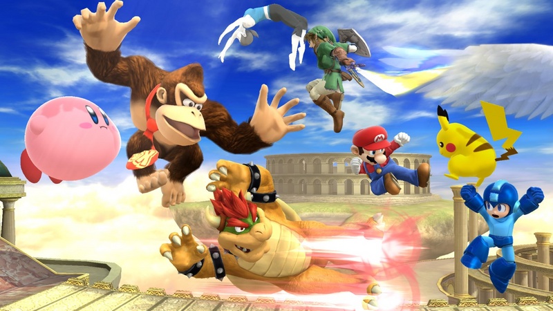 Archivo:Kirby, Donkey Kong, Bowser, Pikachu, Mario, Megaman, Link y la Entrenadora de Wii Fit en el Reino del Cielo SSB4 (Wii U).jpg