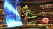 Link realizando su ataque en carrera, con Kirby a sus espaldas.