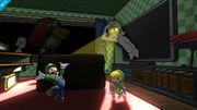 Luigi y Toon Link en Gamer con 5-Volt atrás observando.