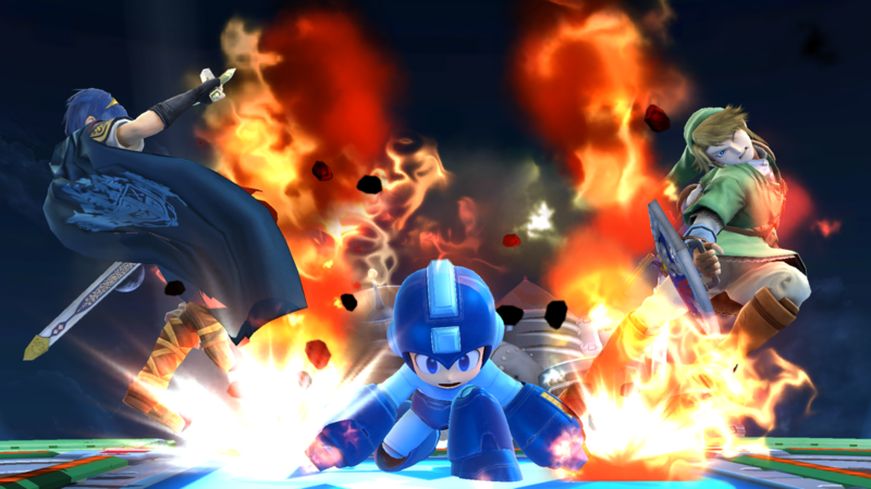 Archivo:Mega Man atacando a Marth y a Link en el Castillo de Wily SSB4 (Wii U).png