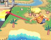 Lucas usando la Cuerda Serpiente como una recuperación con cuerda en Super Smash Bros. Brawl.