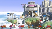 Una batalla por equipos en el escenario en Super Smash Bros. Ultimate.