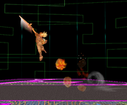 Roy cubriendo distancha horizonal con el Salto llamarada en Super Smash Bros. Melee.