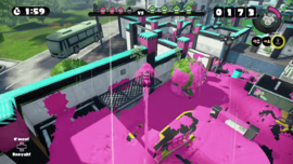Un Inkling usando el supersalto en Splatoon.