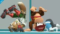 Diddy Kong, Fox y la Entrenadora de Wii Fit en la Zona de entrenamiento.