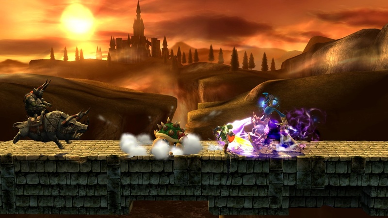 Archivo:Lucario, Zelda, Bowser y Link en el Gran Puente de Eldin SSB4 (Wii U).jpg