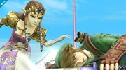 Link inconsciente y Zelda a su lado en Altárea.