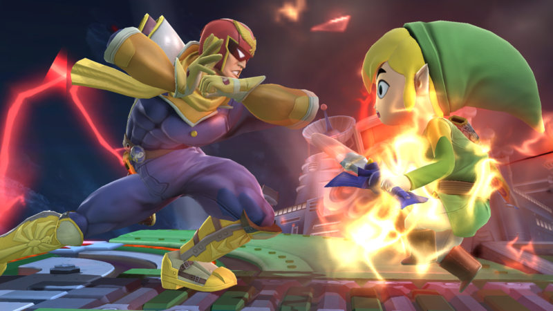 Archivo:Captain Falcon usando su ataque Smash lateral contra Toon Link SSB4 (Wii U).png
