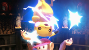 Pikachu a punto de usar su ataque aéreo hacia abajo contra Diddy Kong.