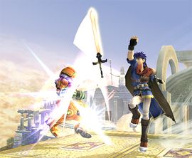 Ike atacando a Samus con Éter en Super Smash Bros. Brawl.
