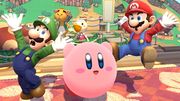 Luigi junto a Kirby y Mario. Luigi está iniciando su Misil verde, mientras que Mario y Kirby están haciendo unas burlas.