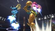 Samus y Samus Zero saltando en el Cuadrilátero.