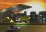 La Nave de combate junto al Great Fox y el Blue Falcon en la secuencia de apertura de Super Smash Bros. Melee.