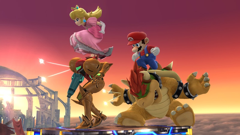 Archivo:Peach y Mario usando el salto banqueta sobre Samus y Bowser SSB4 (Wii U).jpg