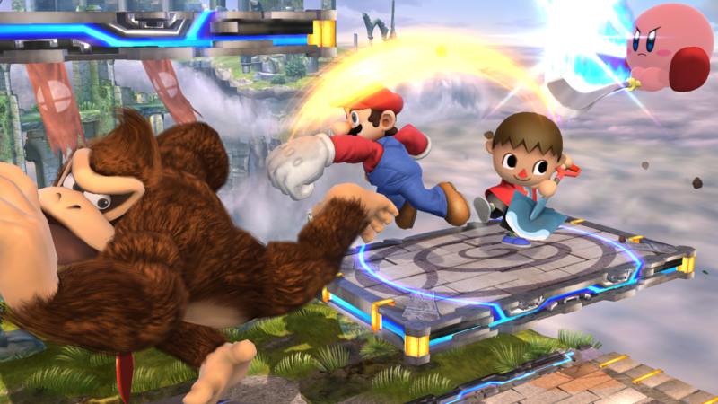 Archivo:Mario, Donkey Kong, el Aldeano y Kirby en el Campo de Batalla SSB4 (Wii U).png