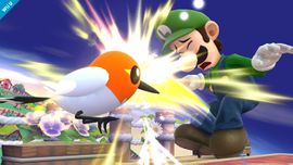 Fletchling atacando a Luigi en El pueblo y la ciudad/Sobrevolando el pueblo en Super Smash Bros. for Wii U.