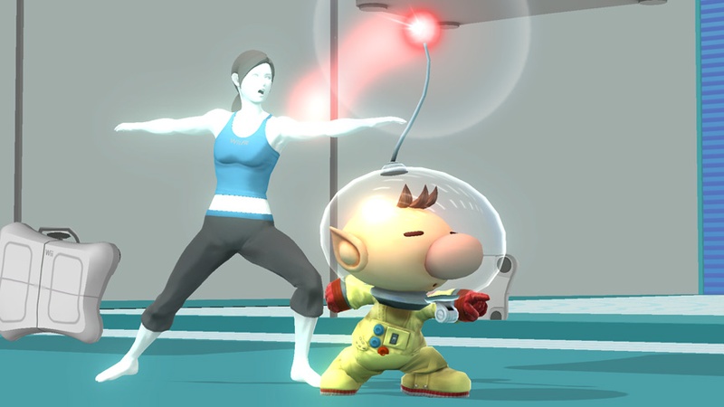 Archivo:Entrenadora de Wii Fit y Olimar en la zona de entrenamiento SSB4 (Wii U).jpg