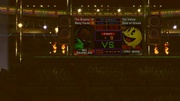 El gran tablero mostrando las estadísticas del combate y los alias de Pac-Man y el Peleador Mii/Karateka Mii.