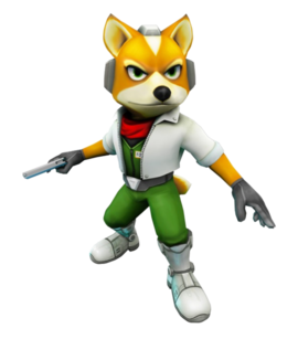 Arte oficial de Fox McCloud en Star Fox 64 3D, con un Blaster en mano.