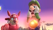 Luigi junto a Rush en el Campo de batalla con una Crash Bomber pegada a su cuerpo.