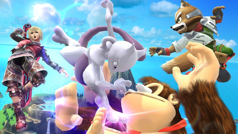 Archivo:Mewtwo, Donkey Kong, Fox y Shulk en Pilotwings SSB4 (Wii U).jpg
