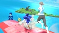 Megaman Sonic y la Entrenadora de Wii Fit con un balón SSB4 (Wii U).jpg