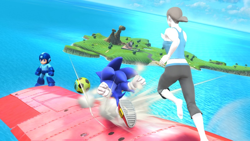 Archivo:Megaman Sonic y la Entrenadora de Wii Fit con un balón SSB4 (Wii U).jpg