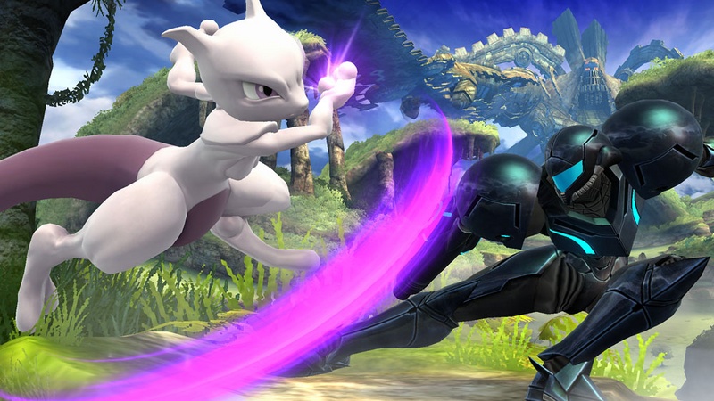 Archivo:Mewtwo usando su ataque aéreo hacia adelante contra Samus en Llanuras de Gaur SSB4 (Wii U).jpg