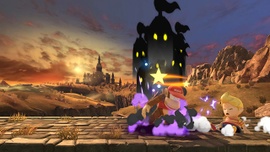 Marshadow atacando a Diddy Kong y Lucas en Gran Puente de Eldin.