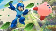 Mega Man usando Leaf Shield junto a Kirby.