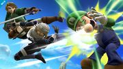 Sheik y Link atacando a Luigi con sus ataques aéreos normales.