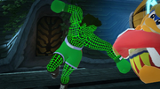 Little Mac (malla) usando su ataque Smash hacia abajo contra Rey Dedede en Mansión de Luigi.