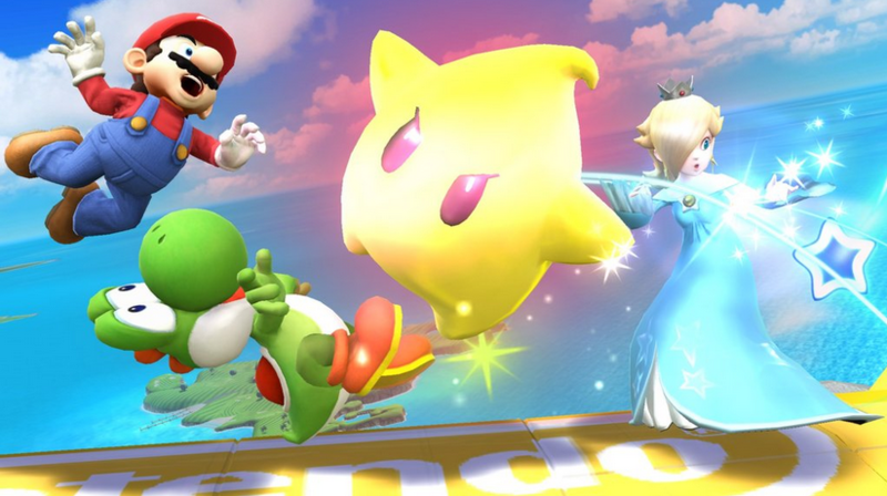 Archivo:Estela atacando con Destello a Mario y a Yoshi en Pilotwing SSBWiiU.png
