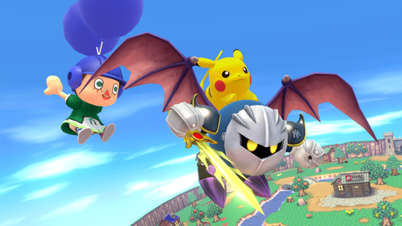 Archivo:Pikachu, Aldeano y Meta Knight en Sobrevolando el pueblo SSB4 (Wii U).png