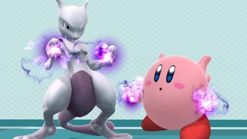 Archivo:Mewtwo y Kirby con su habilidad copiada con Bola Sombra completamente cargada SSB4 (Wii U).jpg