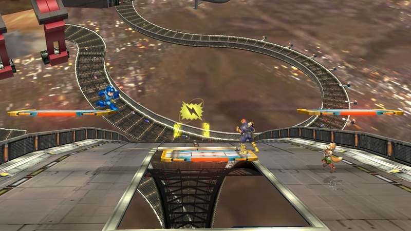 Archivo:Captain Falcon, Fox y Megaman en Port Town Aero Dive SSB4 (Wii U).jpg