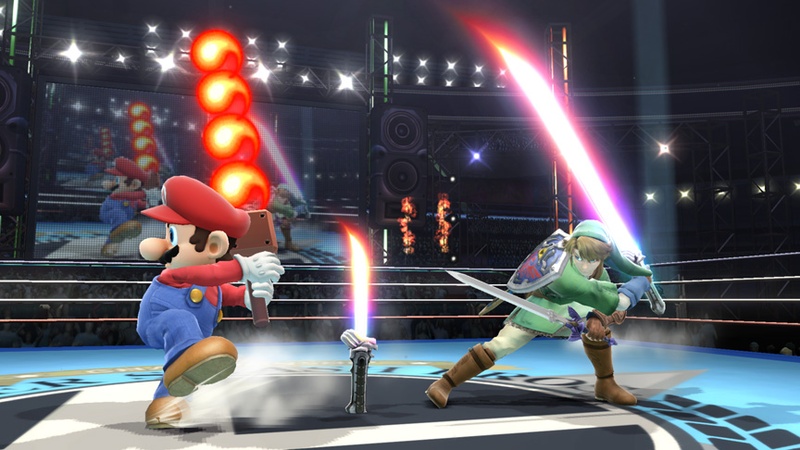 Archivo:Link con la Espada laser y Mario con la Barrera de fuego SSB4 (Wii U).jpg
