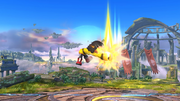 Peleador Mii/Karateka Mii en medio del ataque en Super Smash Bros. for Wii U.
