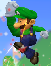 Luigi usando Súper Salto Puñetazo en Super Smash Bros. Melee.