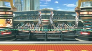 Vista cercana del público del Estadio resorte/Estadio muelle en Super Smash Bros. Ultimate.