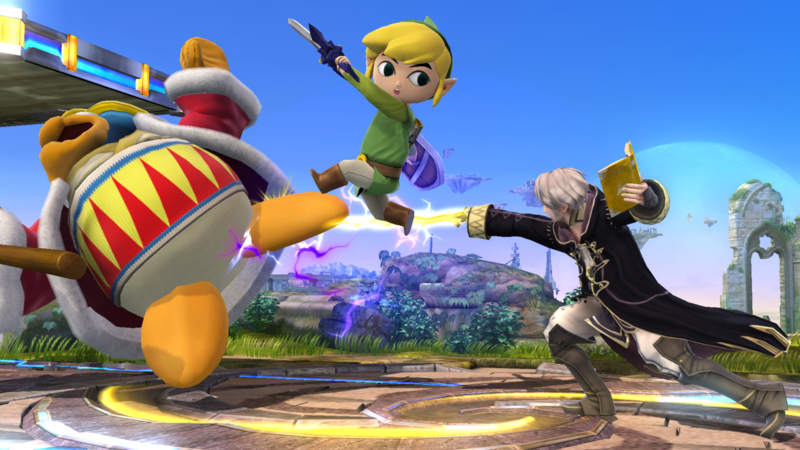 Archivo:El Rey Dedede, Toon Link y Daraen en el Campo de batalla SSB4 (Wii U).png