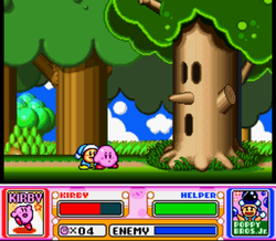 Whispy Woods en Kirby Super Star. Luce casi igual que en su aparición en Kirby's Adventure, pero con más color.