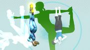 Samus Zero y la Entrenadora de Wii Fit saltando en la Sala de Wii Fit.