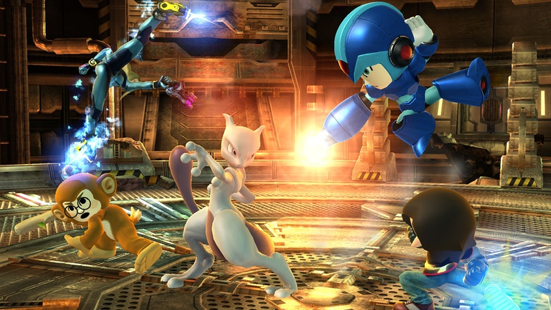 Archivo:Mewtwo, Samus Zero y tres Luchadores Mii en la Pirosfera SSB4 (Wii U).jpg