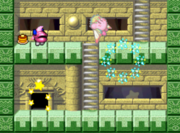 Kirby empezando a dar una vuelta con la habilidad Alas en Kirby Super Star Ultra.